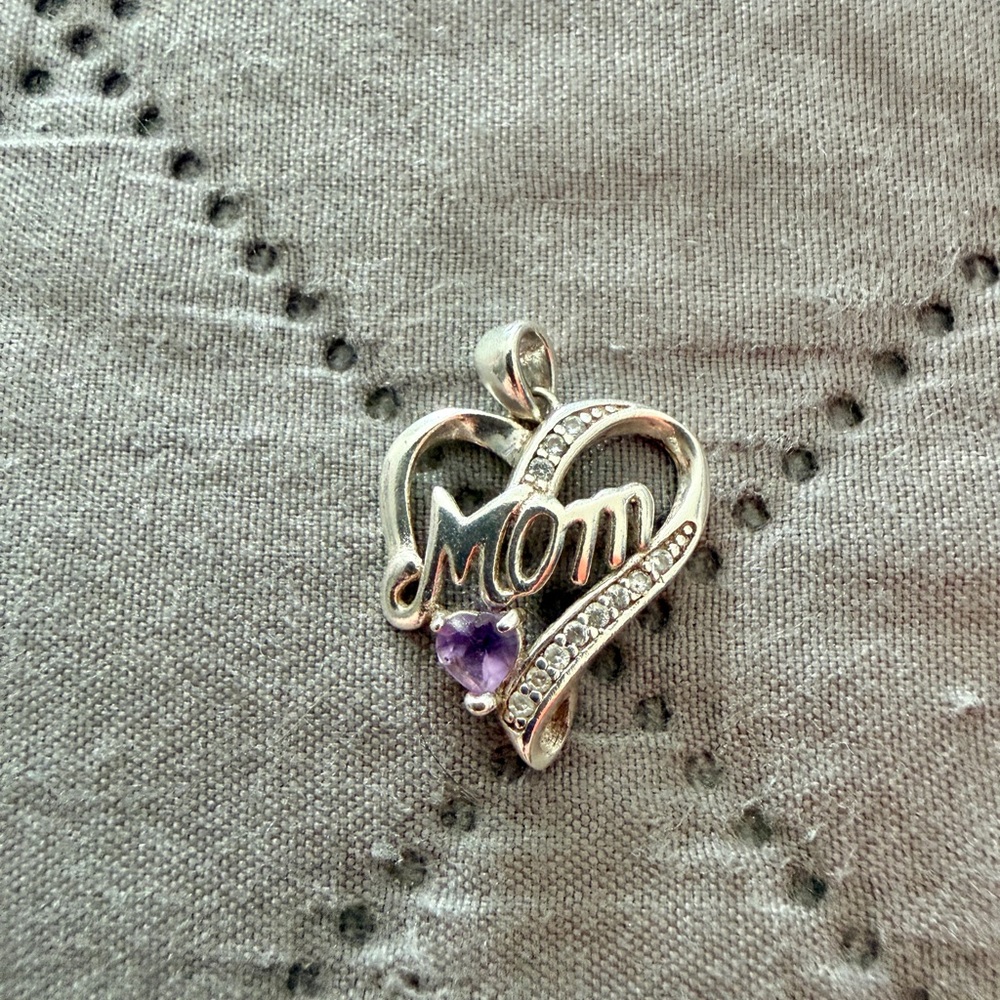 Sterling Silver 925 Heart Mom Pendant with Amethyst and Diamond Accent
